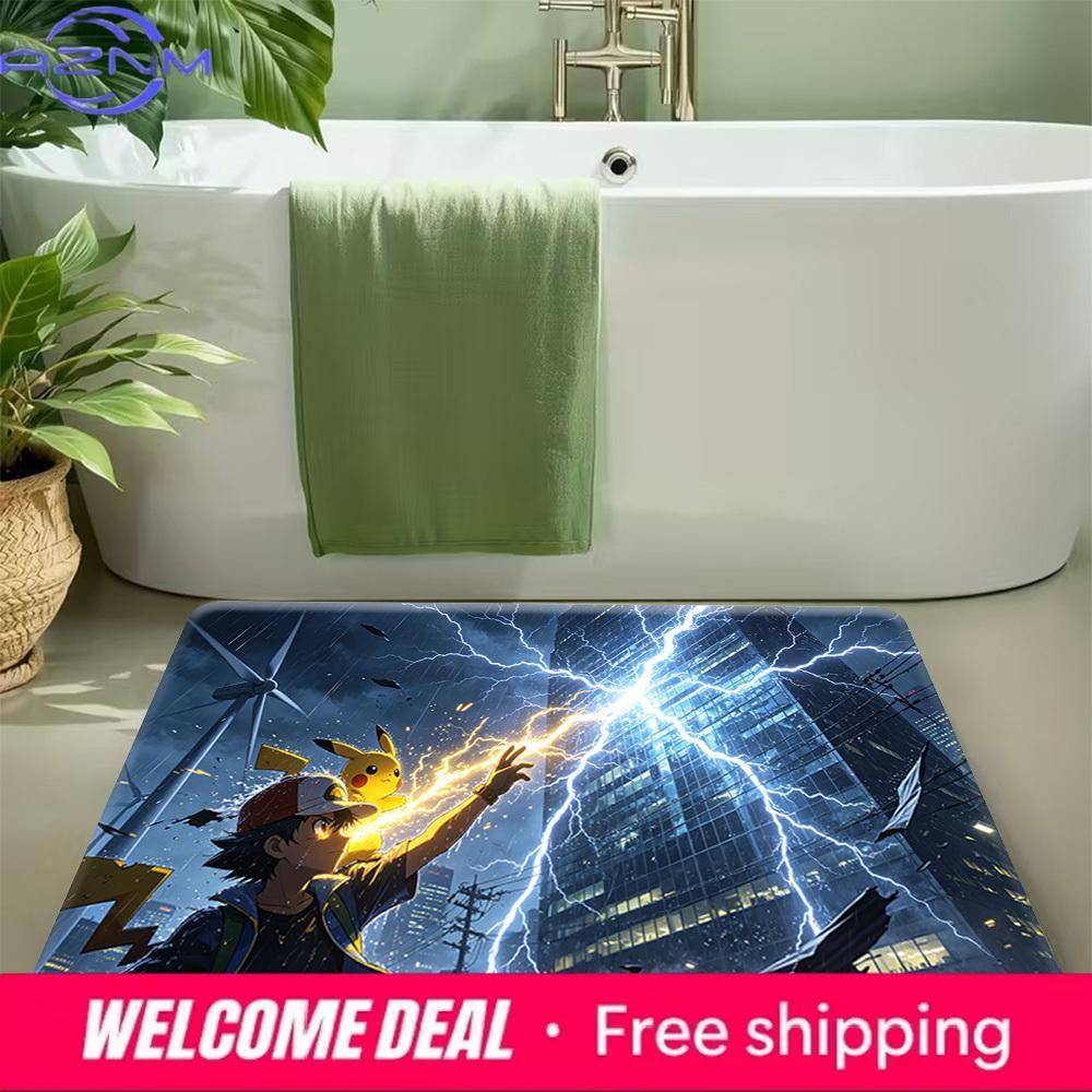 Ash Ketchum and Pikachu City Lightning Print Non-Slip Doormat Soft Floor Mat