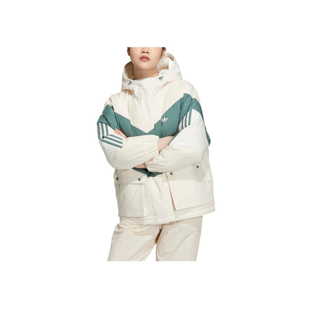 Adidas Originals Trefoil Color Block Down Jacket With Hood And Brand Logo Print Women Outerwear White Green HS9518