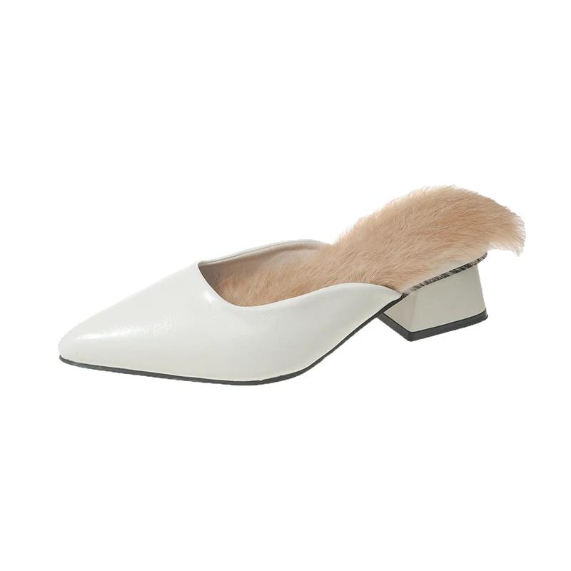 Fashion Shoes Female 2024 Sexy Pointed Toe Female Mules Fashion Warm Women's Fur Slippers Comfortable Square Heel Winter Daily Slippers