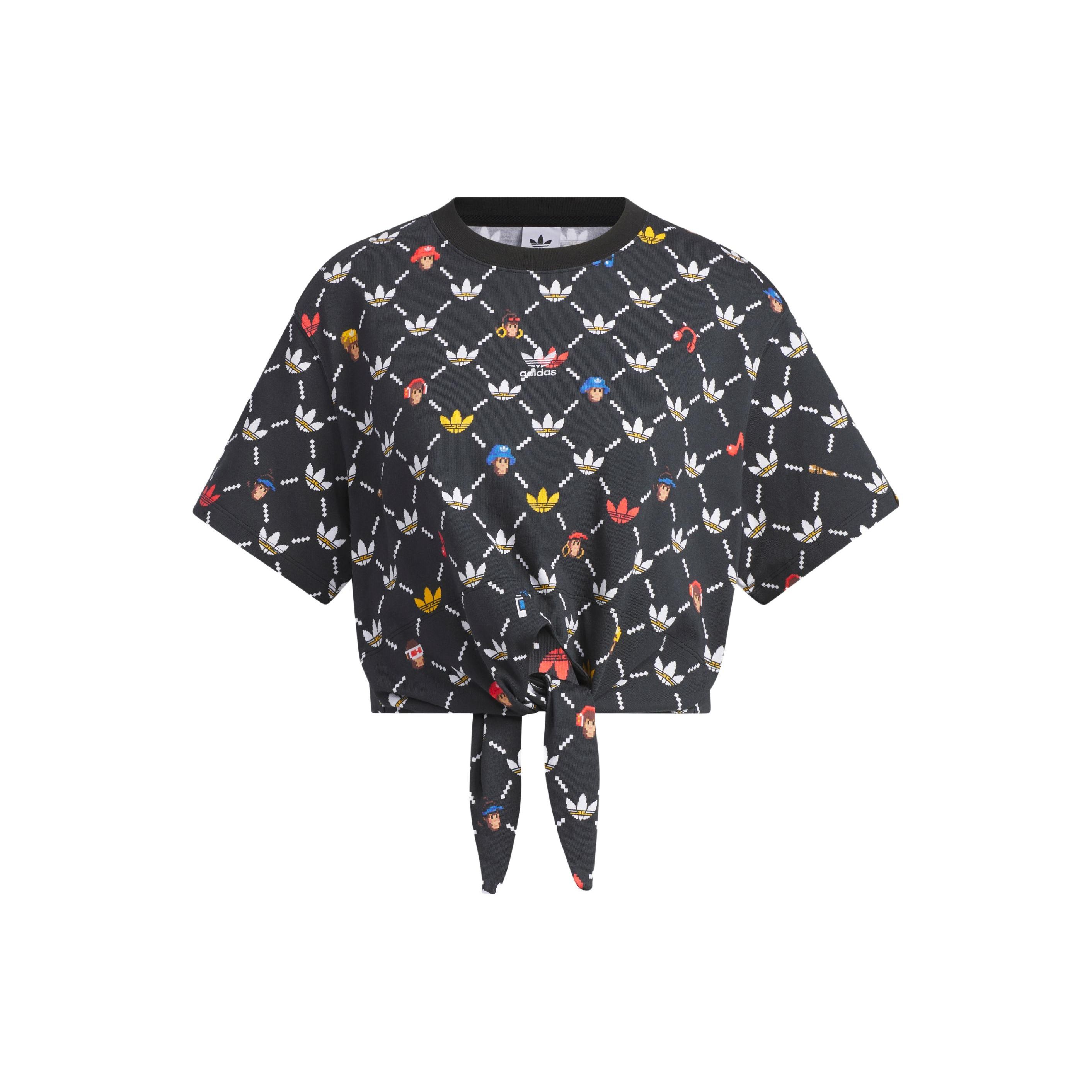 adidas Originals Women s Cartoon Print Tie-Front Cropped T-Shirt Black IP1769 L