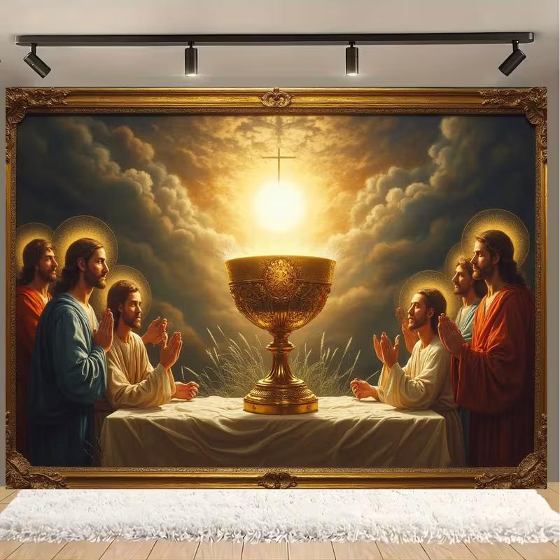 2D Eucharist Banner, Sacred Chalice and Cross Backdrop for Party and Church Decor 47.2x31.5inch/120*80cm