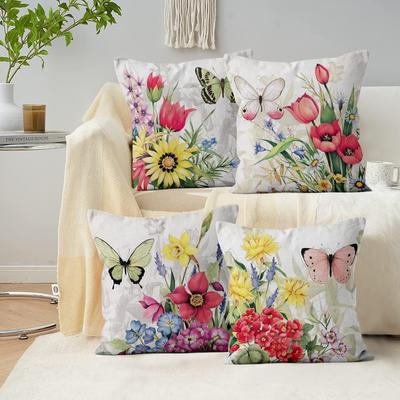 4 Pezzi Copricuscino Floreale Colorato con Farfalle in Poliestere Custodia per Cuscino Decorazione Giardino Primavera Piatta 2D Ora