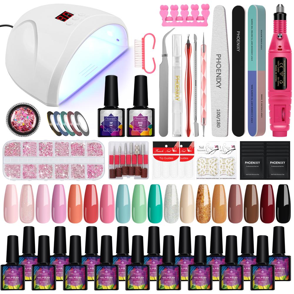 PHOENIXY Nail Gel Set with Nail Drying LED UV Lamp Dryer for Nail Polish Set Long-lasting Color Semi-permanent Base Soak Off UV LED Nail Art DIY Kit