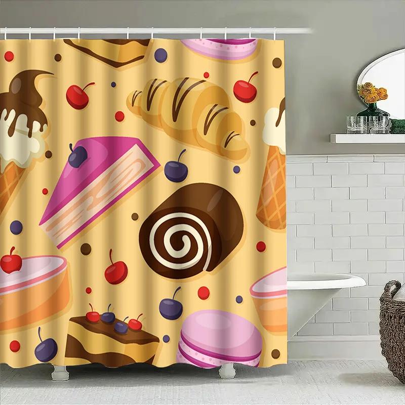 Delightful Dessert Shower Curtain For A Sweet Bathroom, Featuring Whimsical Illustrations Of Croissants, Cakes, Macarons