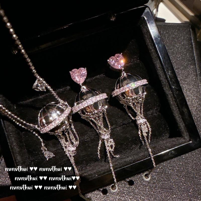 Vintage Heteluchtballon Hart Zirconia Ketting Kwastje Oorbellen Set Dames Franse Retro Stijl Sieraden