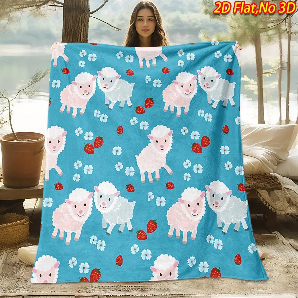 1pc 2D Flat Printing Spring And Summer New Arrival Sheep Strawberry Floral Theme Digital Print Blanket, All-Season Use, Casual Throw, 100% Polyester F