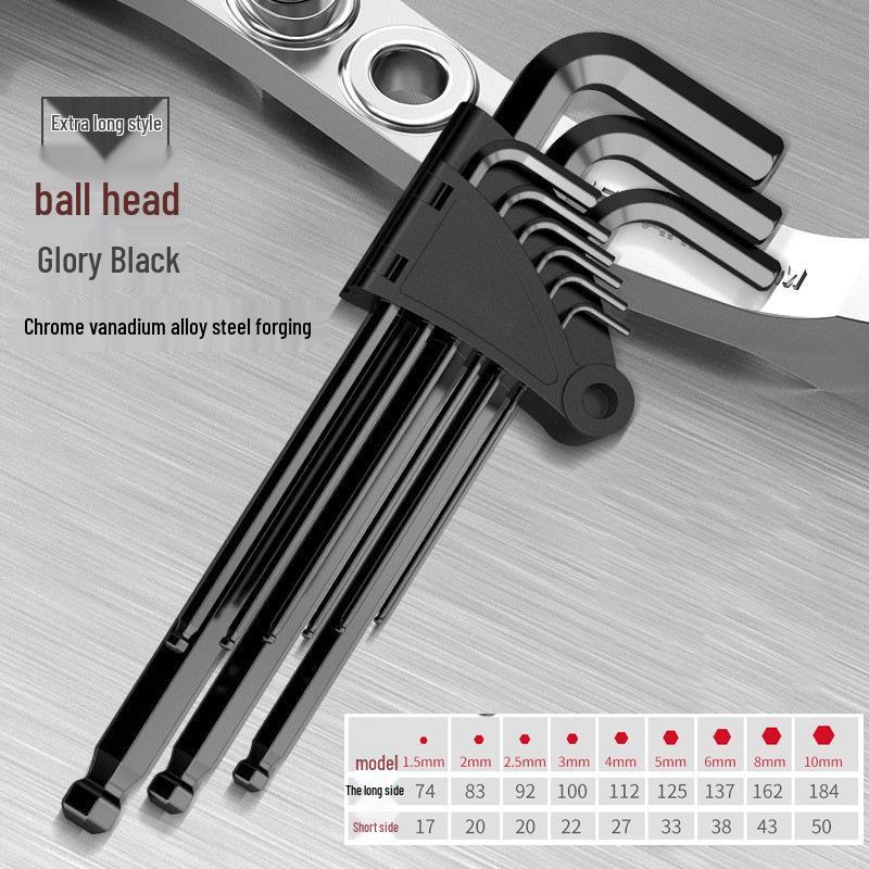 

9-Piece Black Ball Head Hex Key Set - Strong Torque Hexagonal Wrench for 6-Sided Screws.