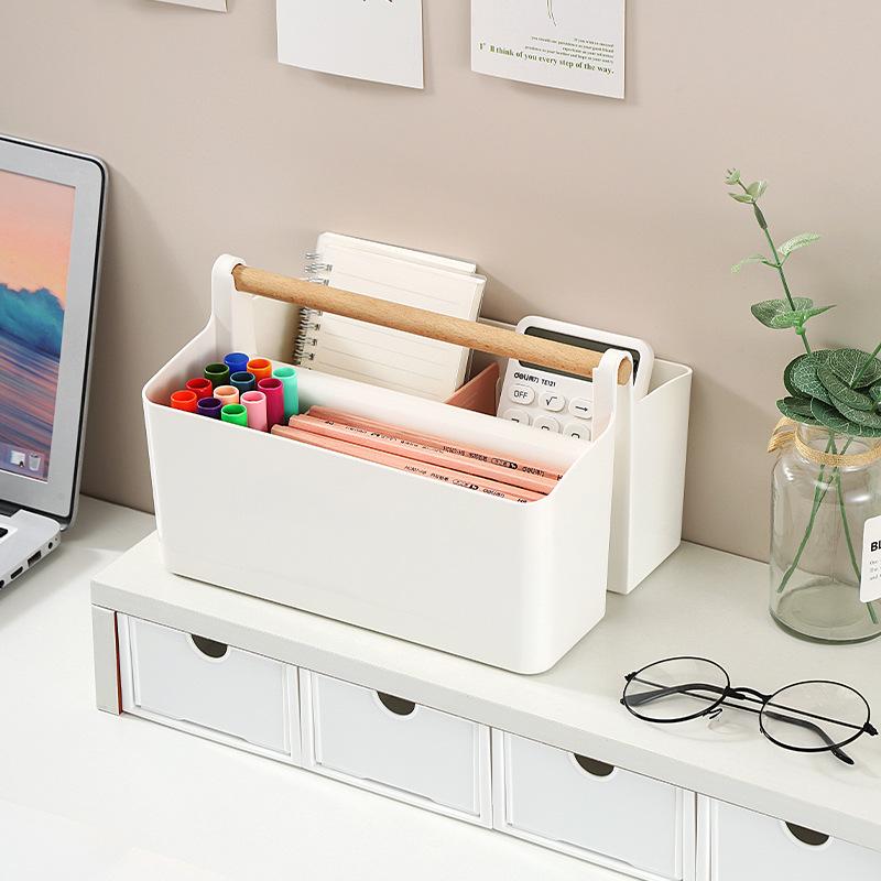 Stackable Wooden Handled Storage Box for Stationery, Pens, Markers, Remotes