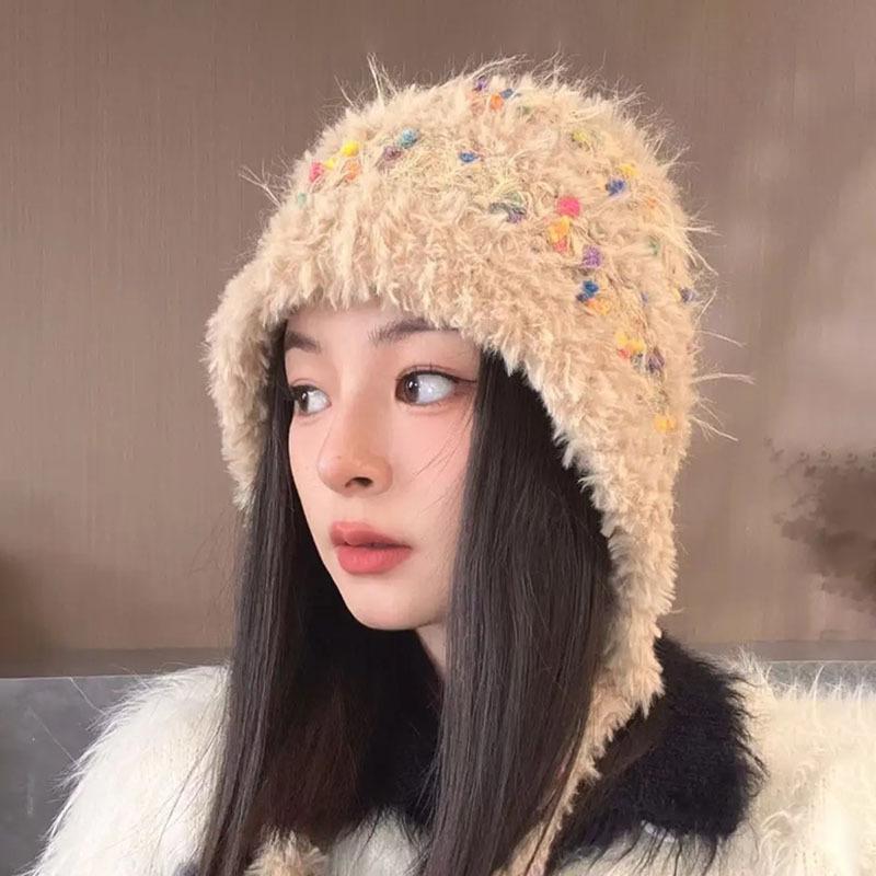 

Autumn and winter new rainbow particles sweet and cute plush fringed knitted hat children windproof ear protection show small face M（56-58cm） хакі