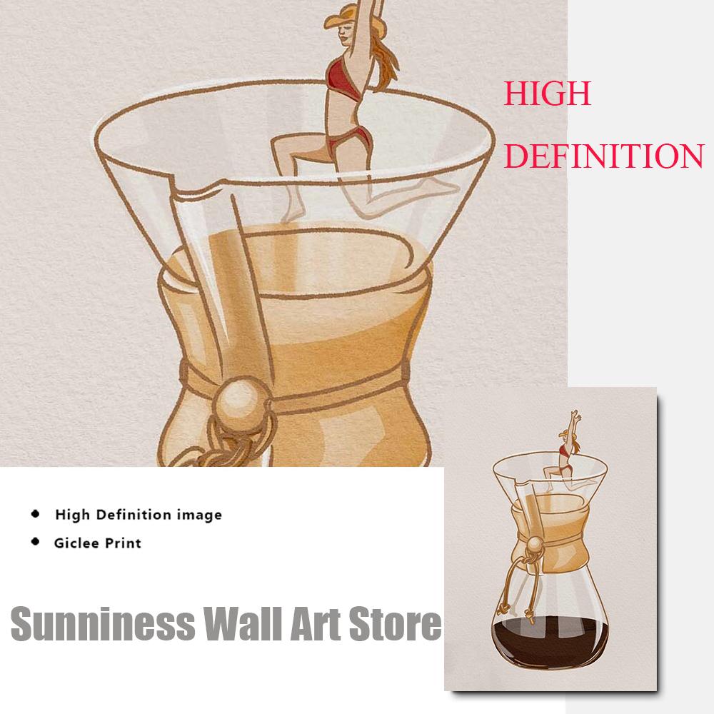 Funny Coffee Moka Pot Girl Abstract Wall Art Canvas Painting Posters And Prints Kitchen Pictures For Bar Living Room Home Decor