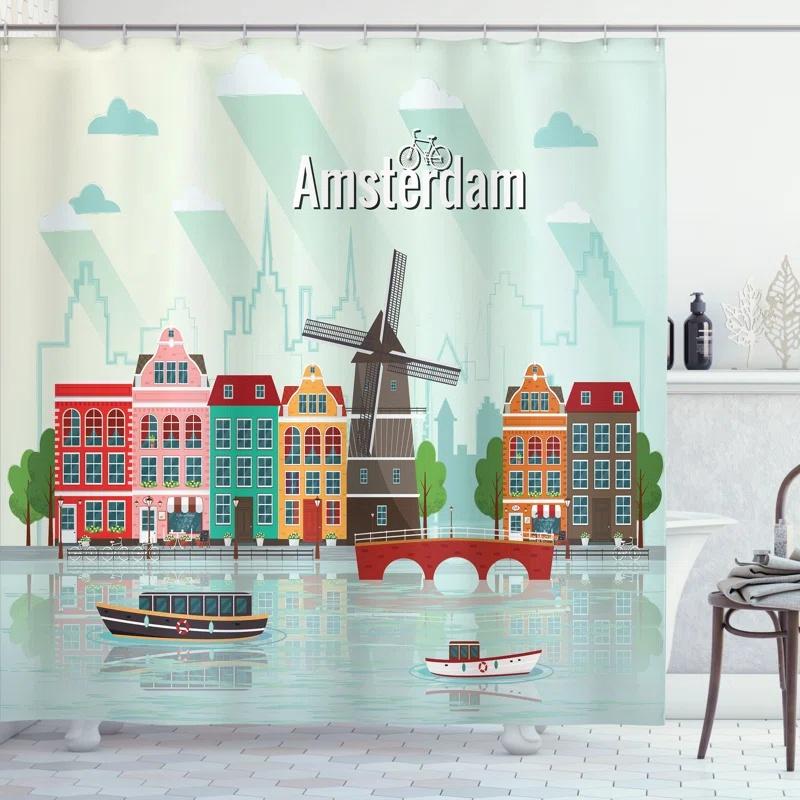 Building Shower Curtain Cityscape Urban Architecture Geometry Modern Art Bathroom Decor Bathtub Shower Curtain Liner With Hooks