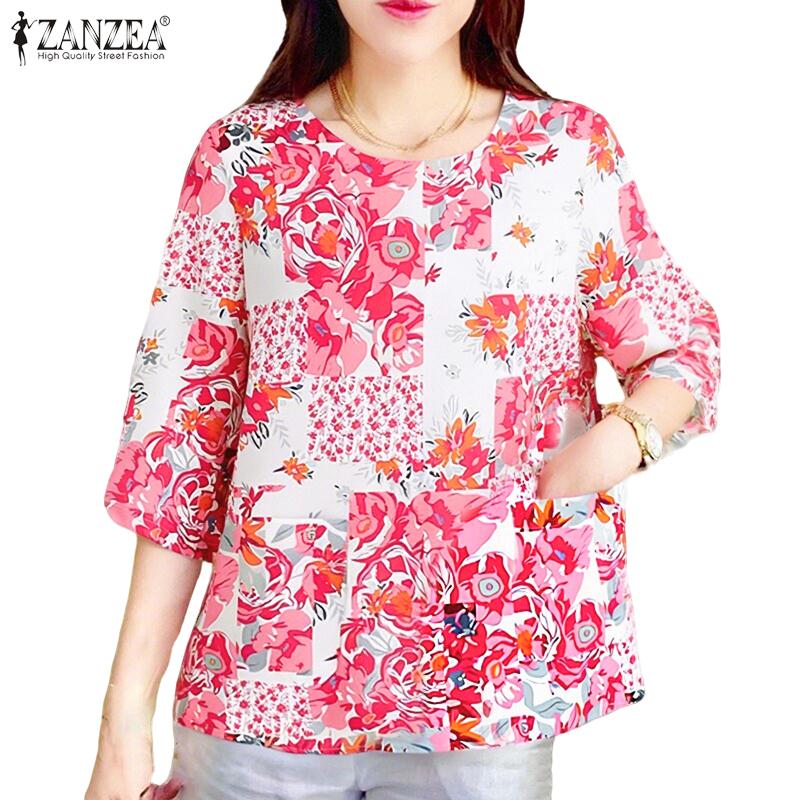 ZANZEA Women Casual Round Neck Loose Short Sleeve Floral Blouse