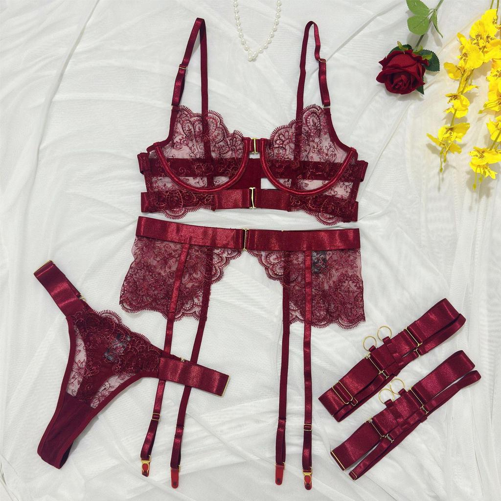 2024 European & American Embroidered Lace Body Shaping Sexy Four-Piece Suit for Women