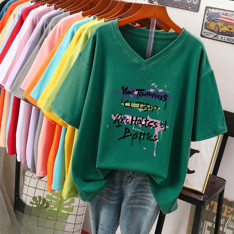 Camiseta de manga curta, Solta, Top V-neck Estampado Emagrecedor para Mulheres