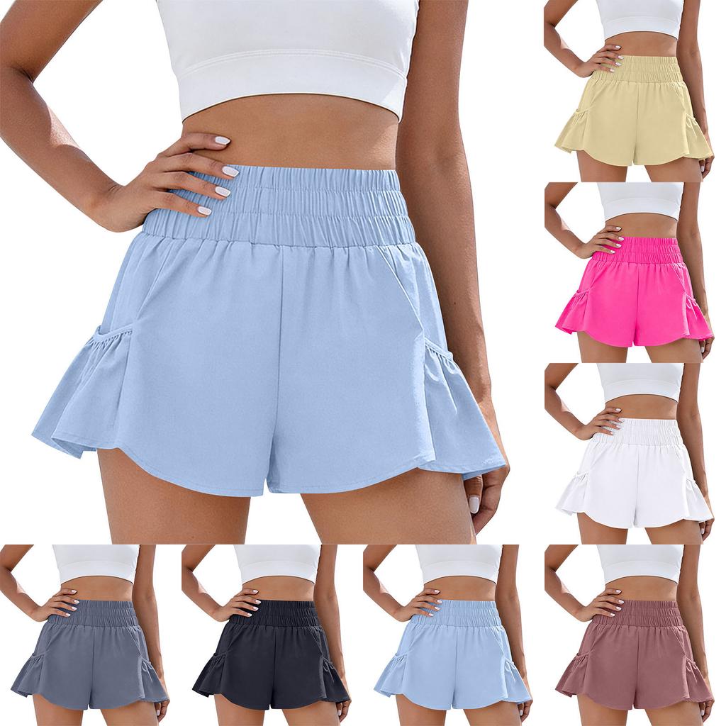 High Waist Ruffle Hem Shorts for Women Elastic Waistband Flowy Casual Shorts with Pockets Lightweight Fabric Design