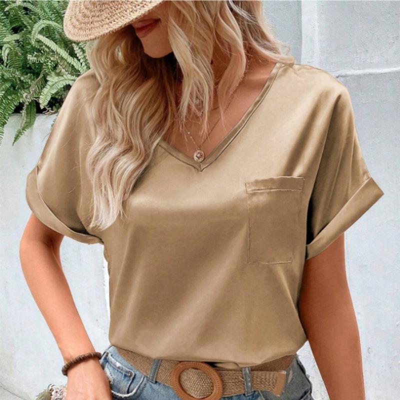 

Модная атласная повседневная рубашка с v-образным вырезом и карманами, женская свободная блузка с коротким рукавом, топы, офисные женские однотонные элегантные рубашки, женские 24136 M верблюд