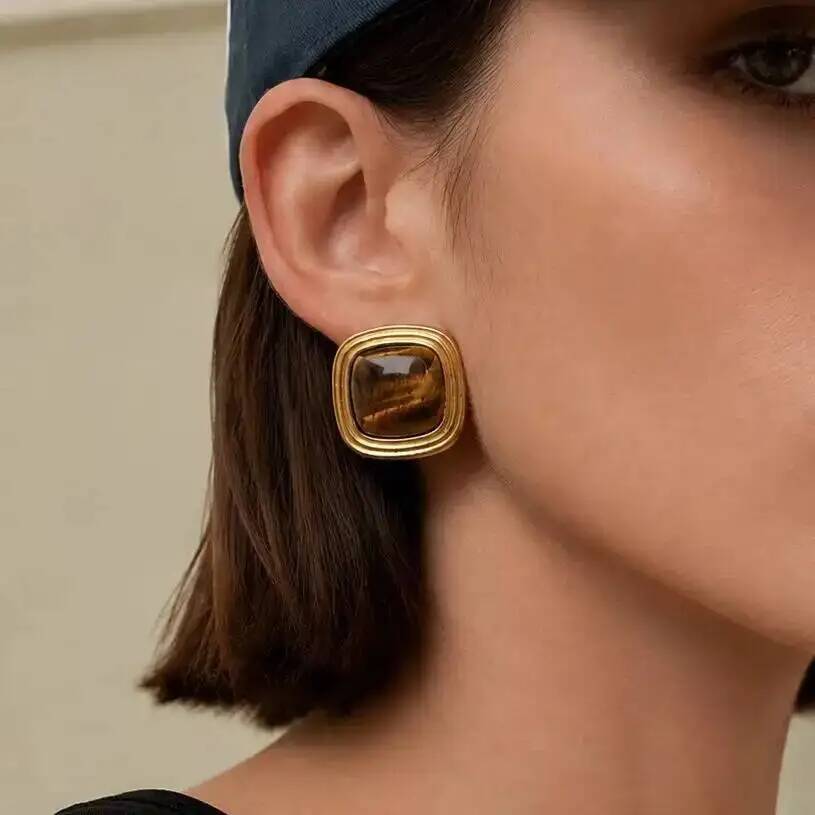Salircon Classic Retro Tiger Eye Stud Earring For Women 18K Gold Plated Stainless Steel Piercing Ear Accessories Jewelry Gifts