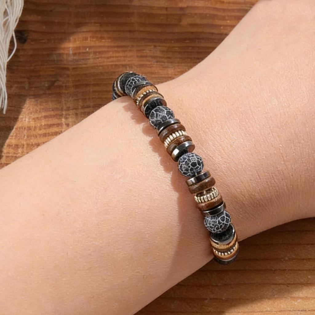 Temu Men's Black Hematite and Weathered Stone Beaded Bracelet