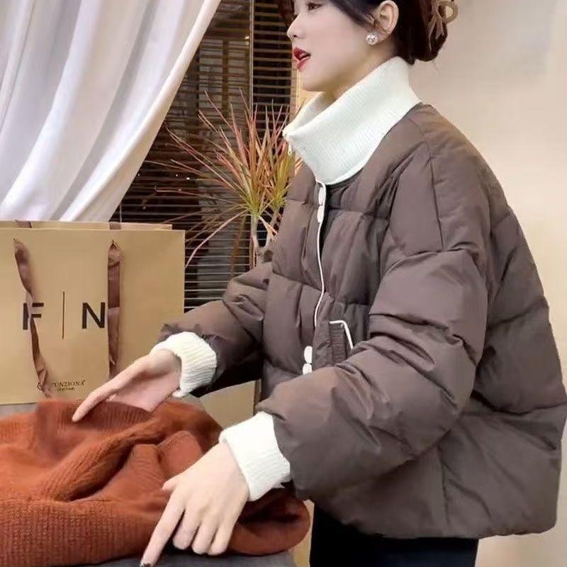 Winter Short Color Block Padded Coat Women Knit Stand Collar Quilted Down Jacket Petite Outerwear