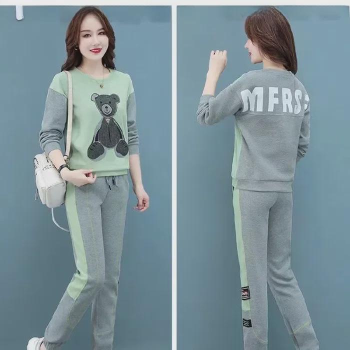 

Женский повседневный костюм-двойка в корейском стиле с медведем – свободный, облегающий, всесезонная мода для весны и осени M зелёный