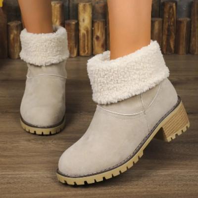 Women's Shoes On Sale  Slip On Ladies Boots Winter Plush Fleece for Warmth Solid Short Barrel Chunky Heels Large Size Boots