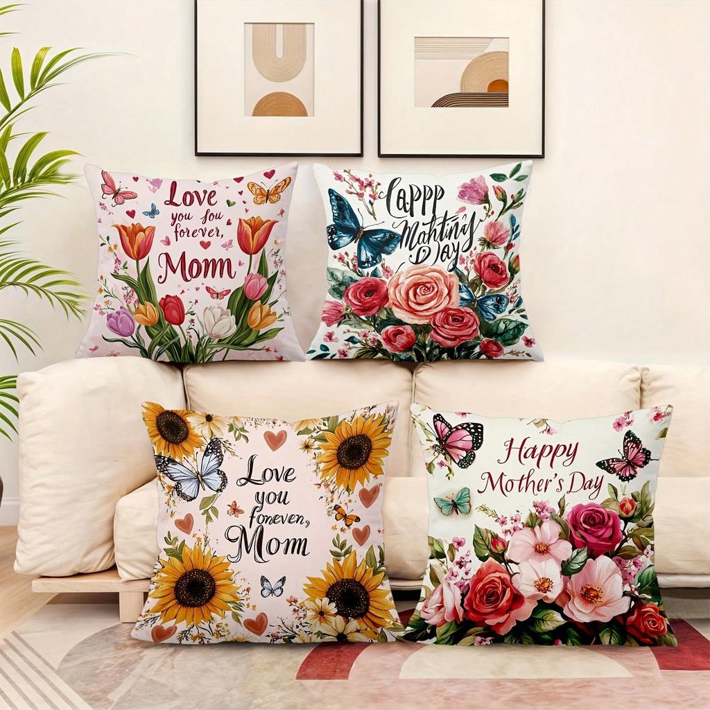 Mothers Day Floral Butterfly Pillow Cover Decorative Cushion Cover Soft Comfortable For Sofa Living Room Bedroom Home Decor Gift