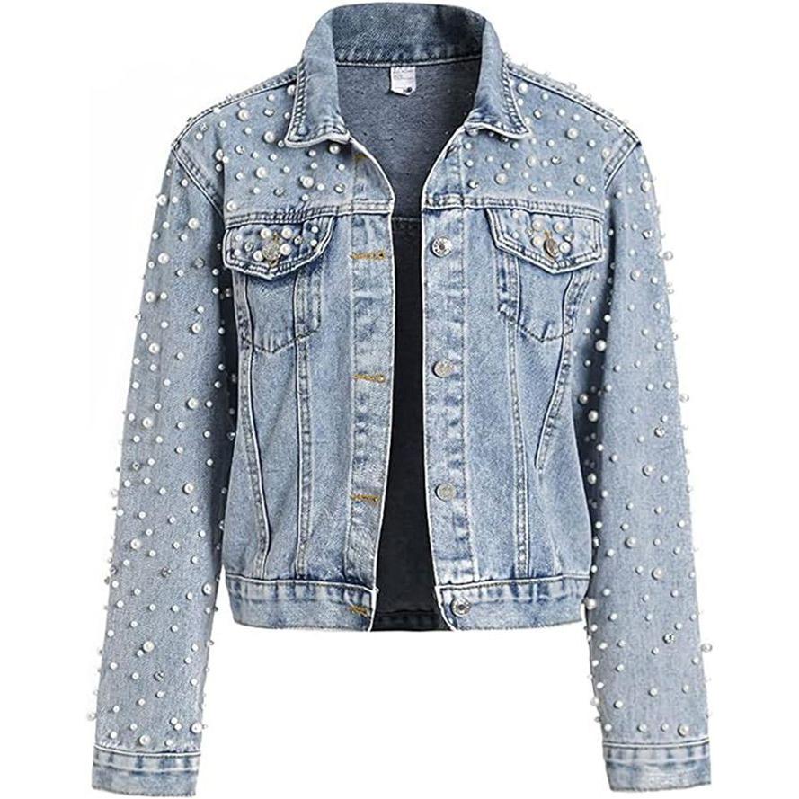 Women Denim Coat Jacket Diamonds Pearls Turn Down Collar Single Breasted Pockets Washed Vintage Streetwear Autumn Outerwear