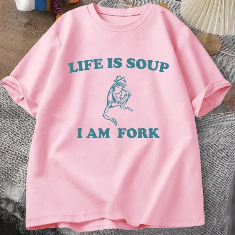 Life Is Soup I Am Fork Frog Graphic T Shirt Unisex Funny Retro Tshirt Summer Animal Printed Tshirt Frog Meme Tees