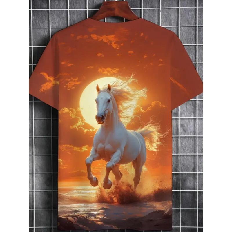 Men's 3D Printed White Horse Pattern T-shirt Humorous Digital Printed Short Sleeved T-shirt Breathable Polyester Round Neck Casual