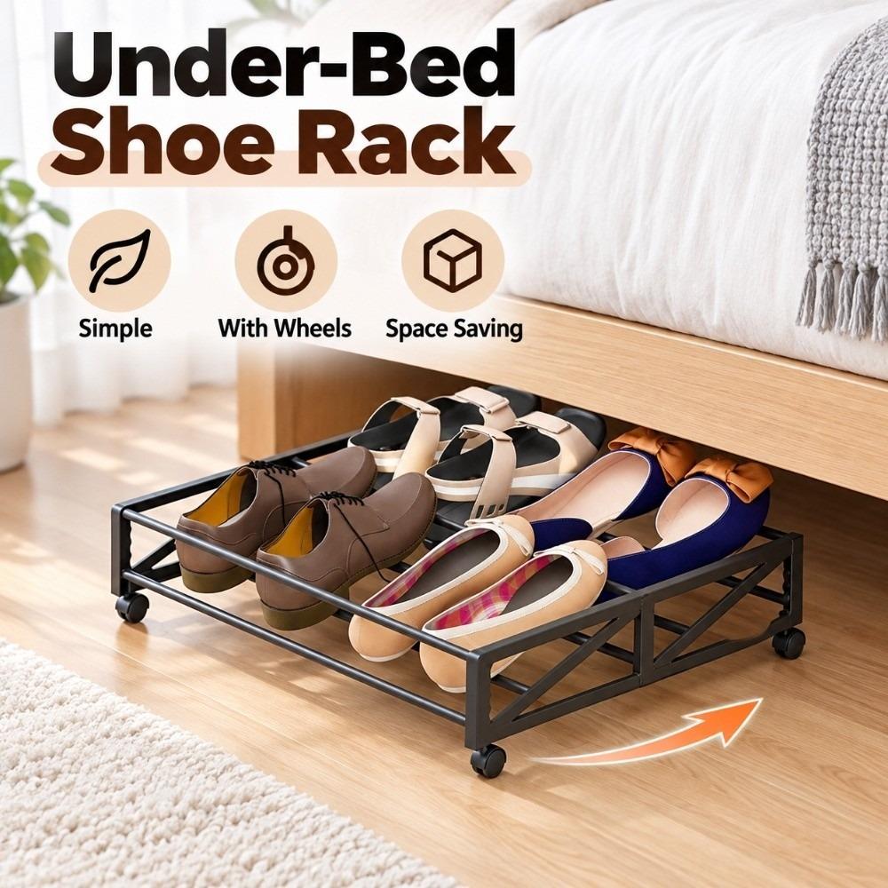 Convenient Under-Bed Shoe Rack With Wheels Pull-Out Shoe Rack Hidden Shoe Organizer  Home