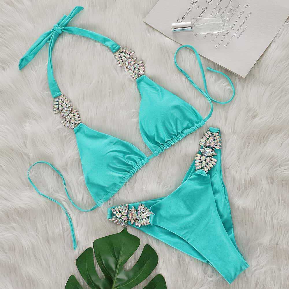 Maillot de bain ins nouveau sexy couleur unie métal incrusté de diamants bikini bandage maillot de bain fendu