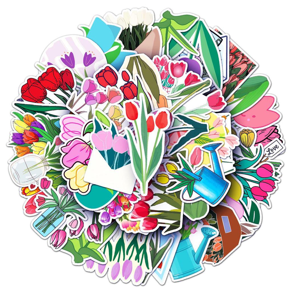 50pcs Waterproof Tulip Flower Stickers for Journals and Stationery Decoration