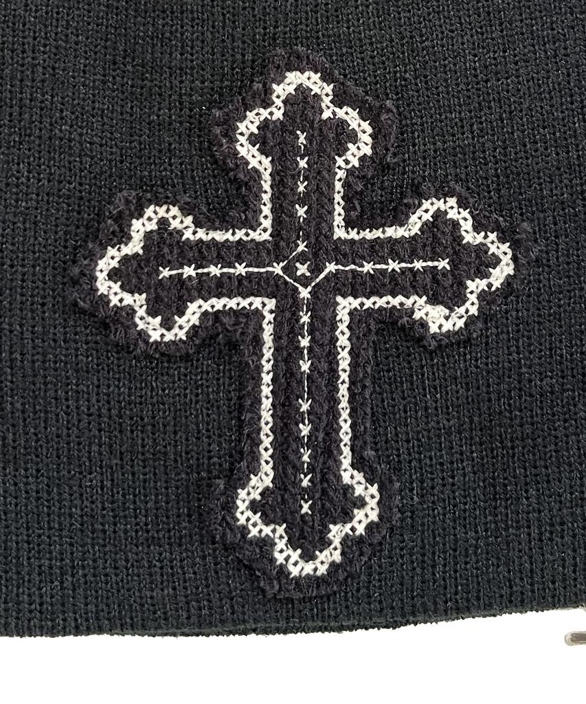 SK8ER ROCK Cross Charm Patchwork Beanie ((Black))