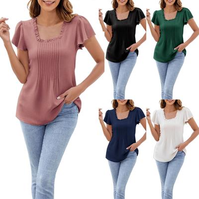 Spring And Summer New Solid Color Short-sleeved T-shirt Fashion Casual Square Collar Tops For Women