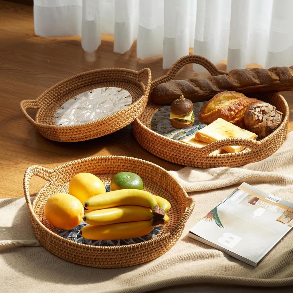 Set of 3 Round Rattan Tray Set with Mother of Pearl Inlay, Wicker Tray, Storage and Display of Coffee Bread Food Fruit, Table Decor, Home Decor