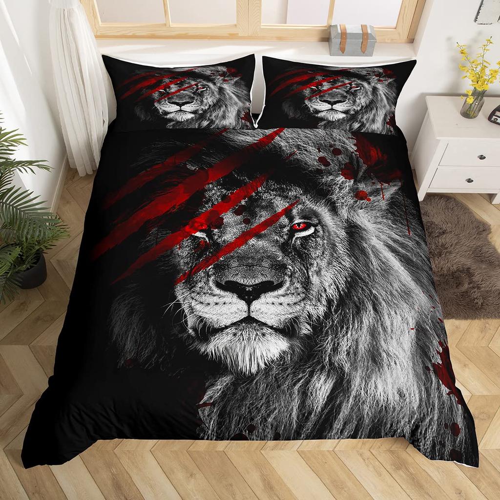 Lion Head Black Backdrop Duvet Cover Set Queen King Size 3 Piece Bedding With 2 Pillow Shams