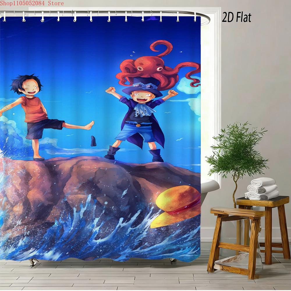 One Piece Luffy, Ace & Sabo Brothers Bond Fiery Scene 2D Print Waterproof Shower Curtain, Intense Flaming Background With Epic B