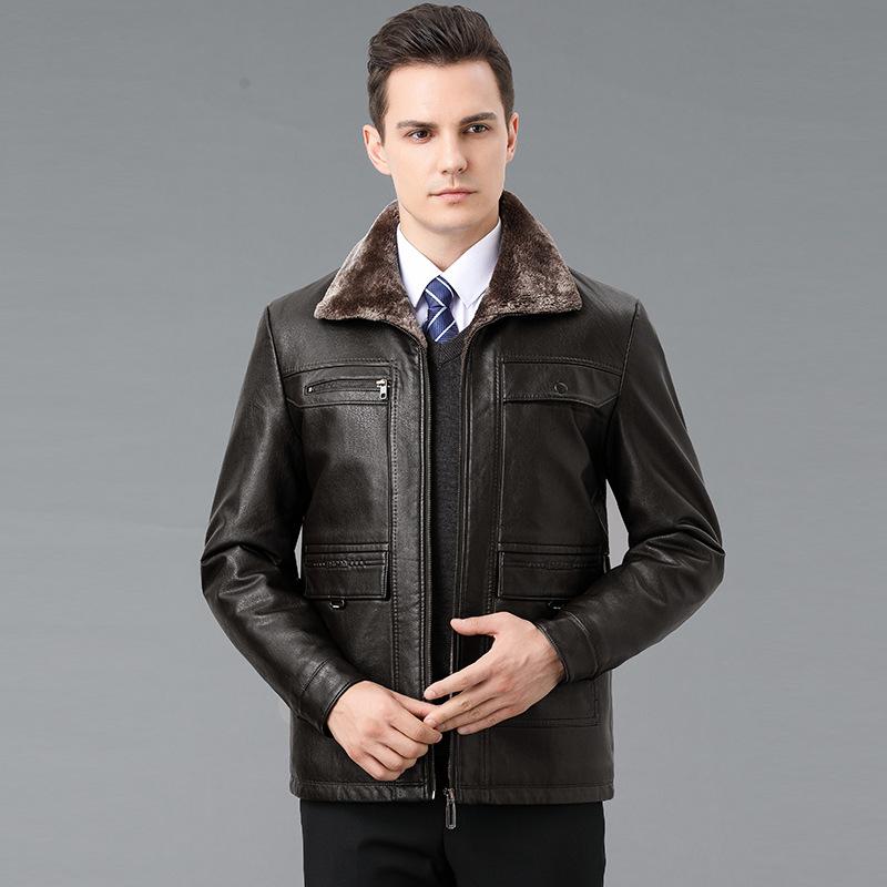 Genuine Leather Jacket Men s Fur Integrated Middle-aged Dad s Velvet Thickened Lapel Genuine Leather Jacket L