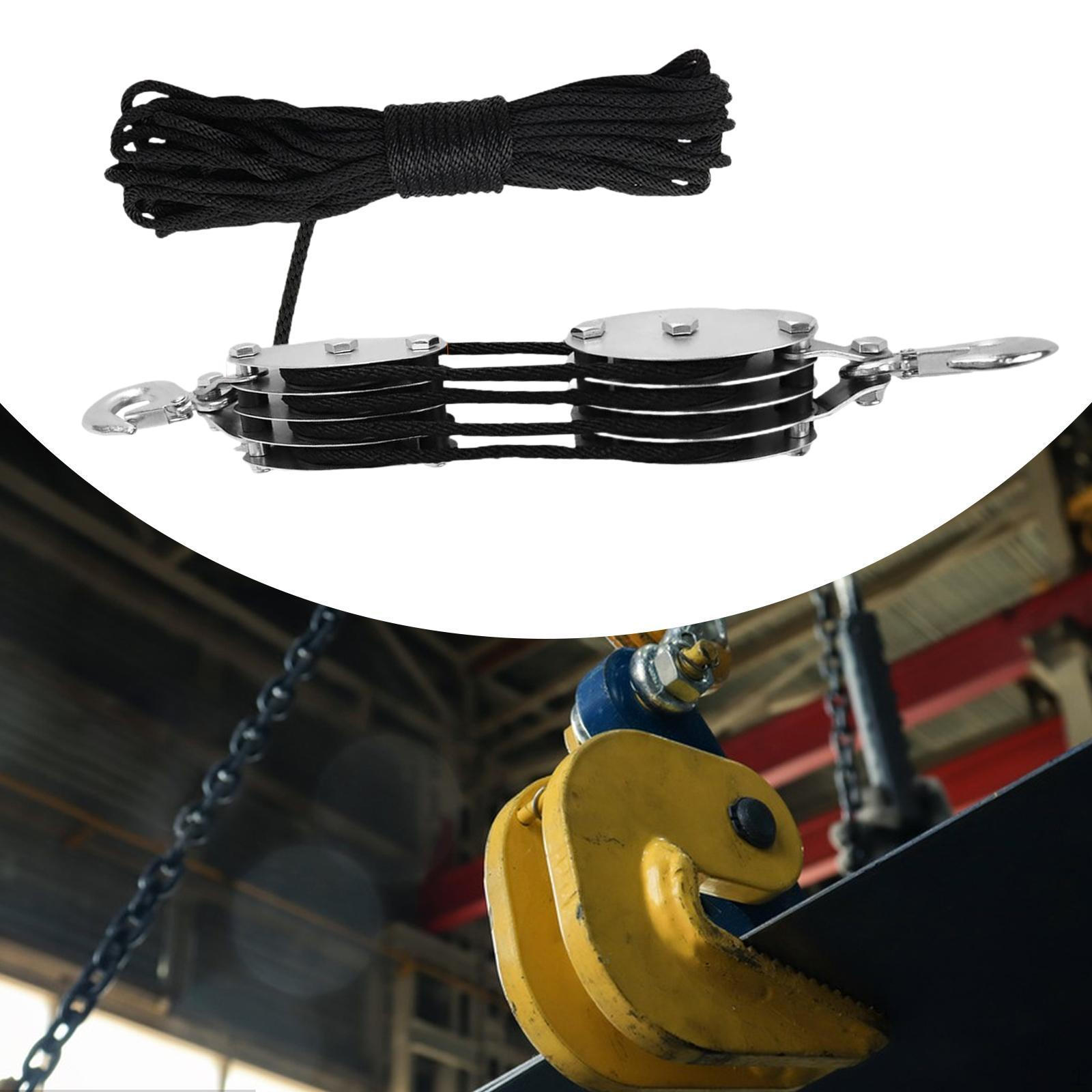 

Блок канатной тали и полиспаста, система шкивов, портативный, сверхпрочный, вращающийся на 270 градусов крюк 20m Rope_4 Wheel Black Rope