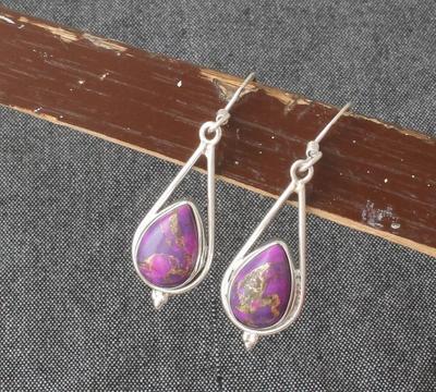 Solid 925 Sterling Silver Purple Copper Turquoise Gemstone Pear Cabochon Earring Handmade Earrings