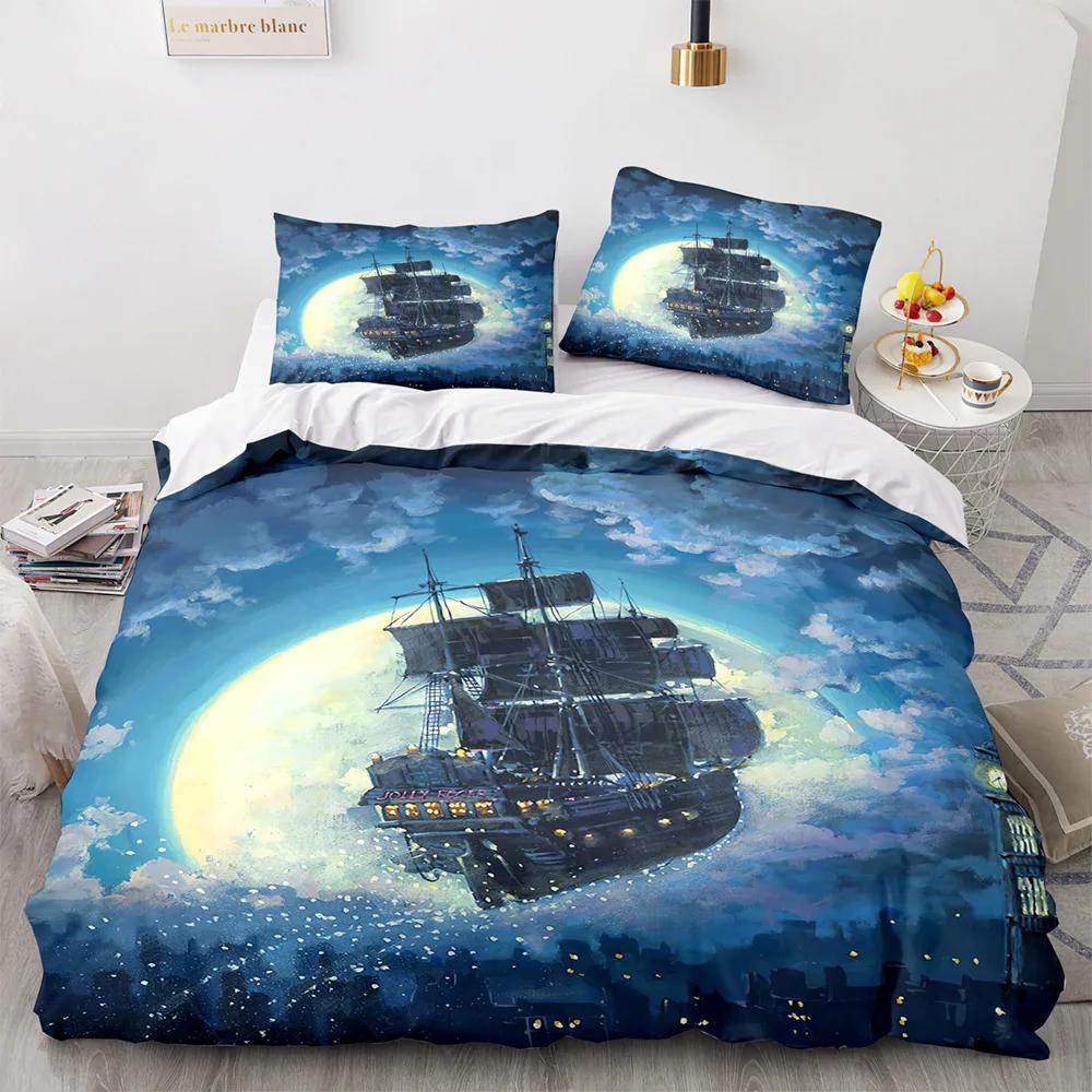 Vintage Sailboat Duvet Cover Nautical Ocean For Children Teen Adult Ship Fire Black Retro Style Polyester Quilt Cover Room Decor