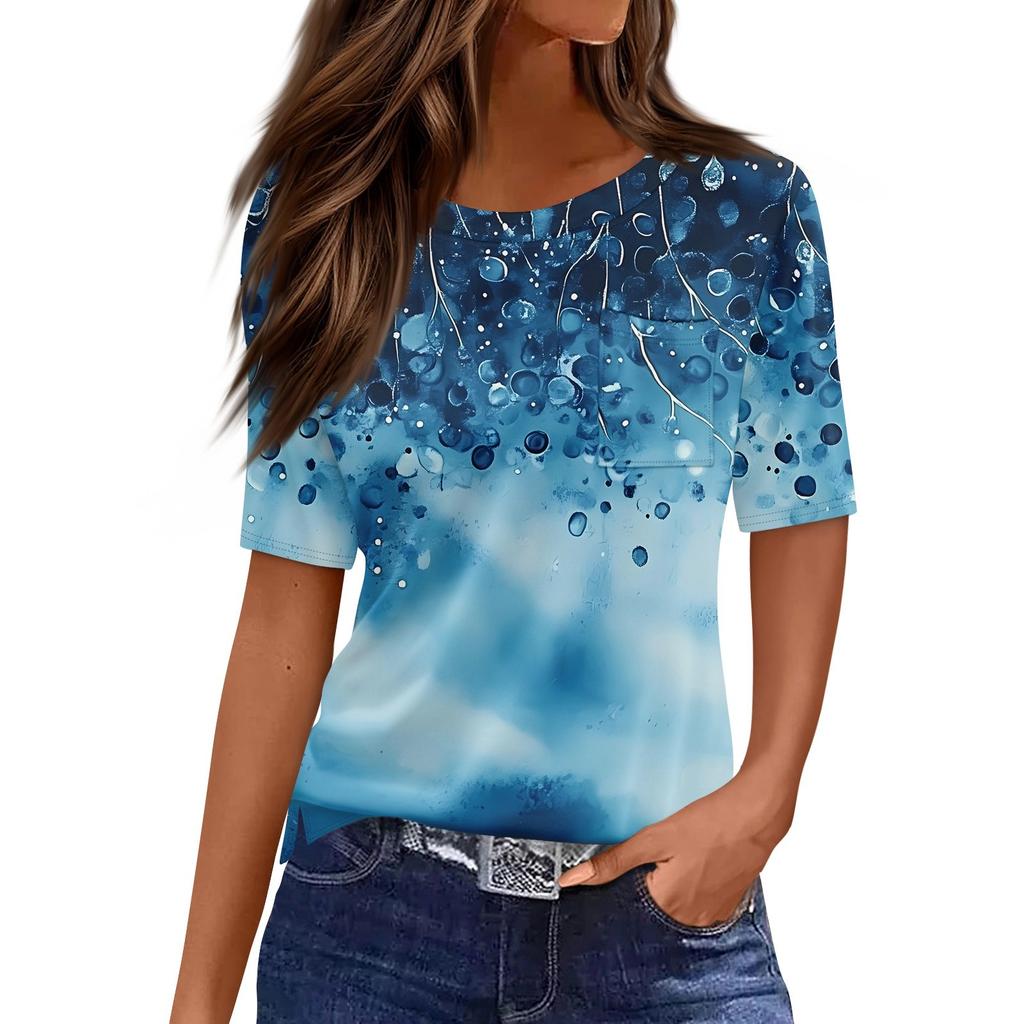 T Shirts For Women Round Neck Dressy Casual Blouses Printing Short Sleeve Summer Tops Loose Fit
