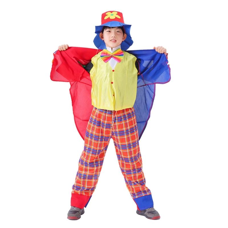 Zestaw Kostiumu Klauna dla Dzieci 5 Sztuk Zawiera Płaszcz Spodnie Buty Klauna Kapelusz Klauna Akcesoria do Kostiumu Klauna na Halloween Cosplay