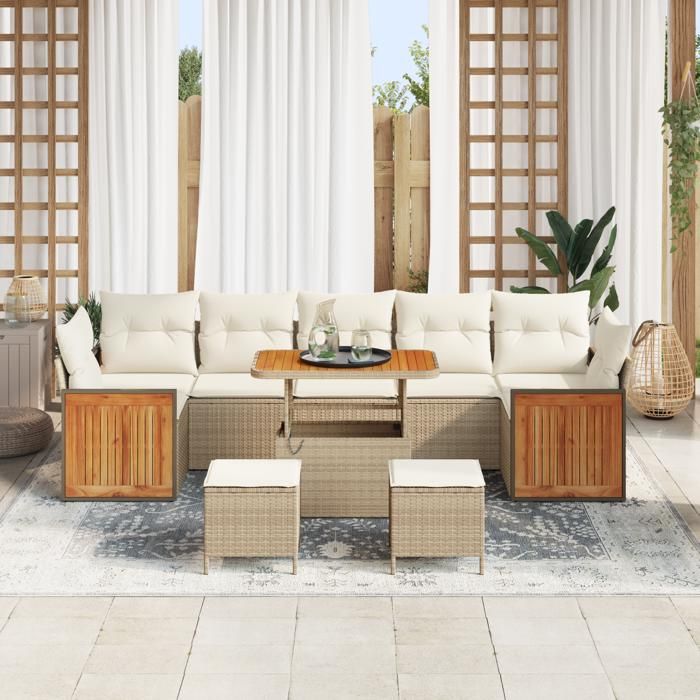 10 pièces de canapé de jardin avec coussins beige poly rattan acacia, Canapé de jardin 2 places avec coussins beige poly 3363291