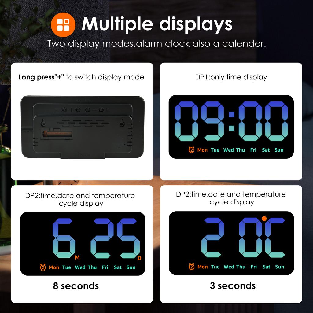 Digital Wall Clock 8.5 Inch Large Display LED Alarm Clock with Date Week Temperature Dual Alarm 3 Levels Brightness LED Clocks