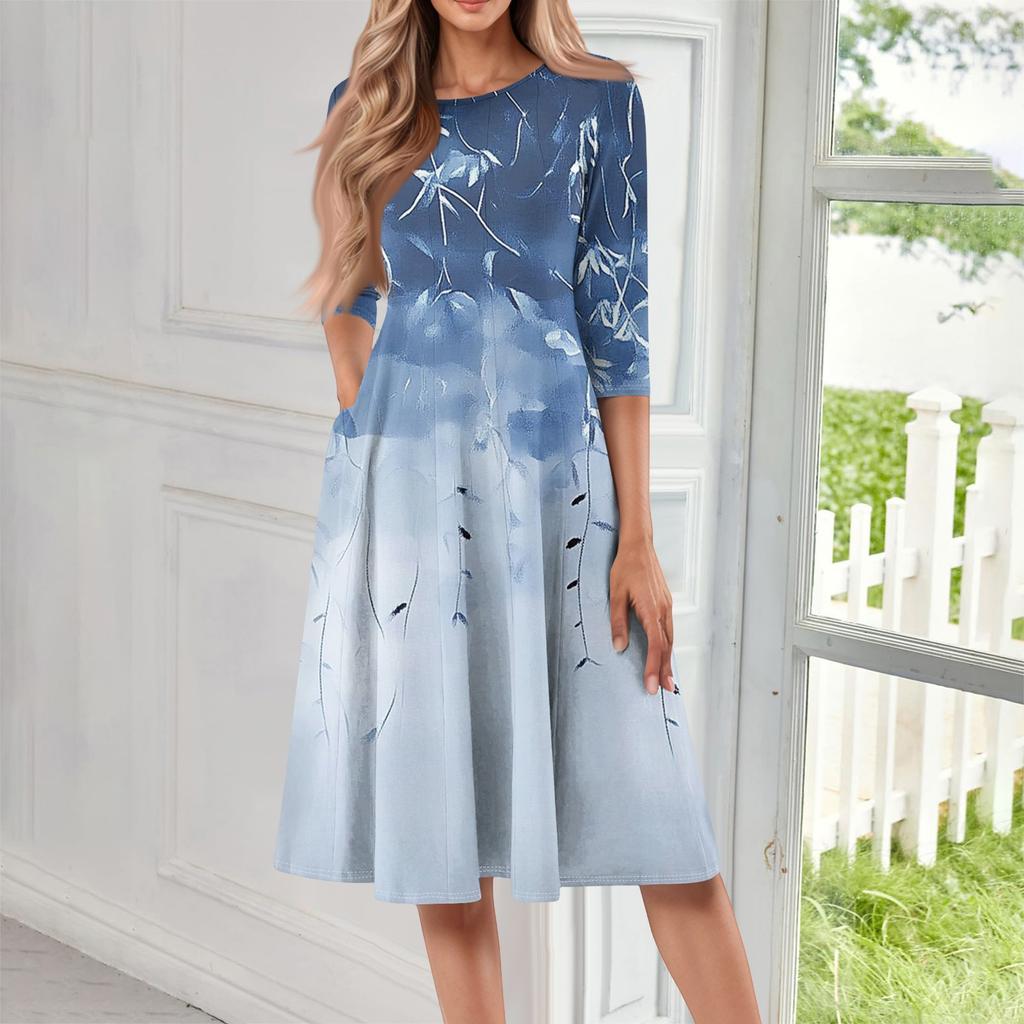 Women's Casual Fashion Round Neck Three Quarter Sleeve Print Midi Dress