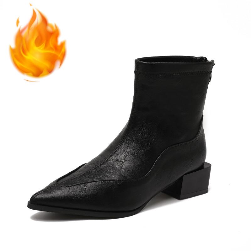 Winter Pointed Toe Thick Heels Women Ankle Boots Fashion Short Plush Shoes Female Vintage Slim Short Booties  De Muje