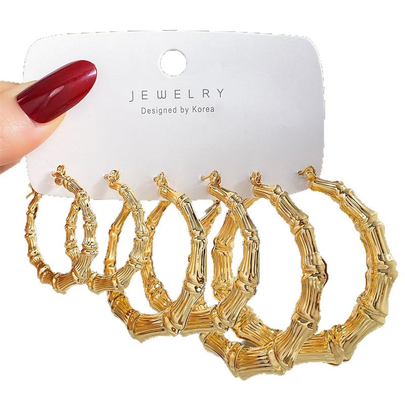 Punk Exaggerated Bamboo Circle Earrings Set for Women Vintage Metal Bamboo Joint Hoop Earring Unusual Party Versatile Jewelry