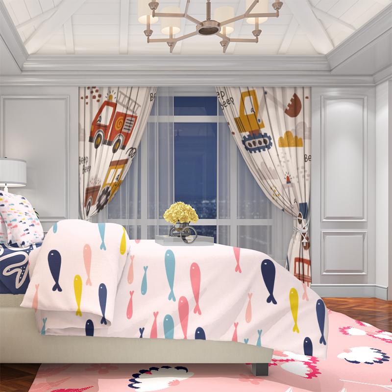 Cartoon Car -2 Pieces - Printed Curtain, 100% Polyester Material, Suitable for Home Decoration