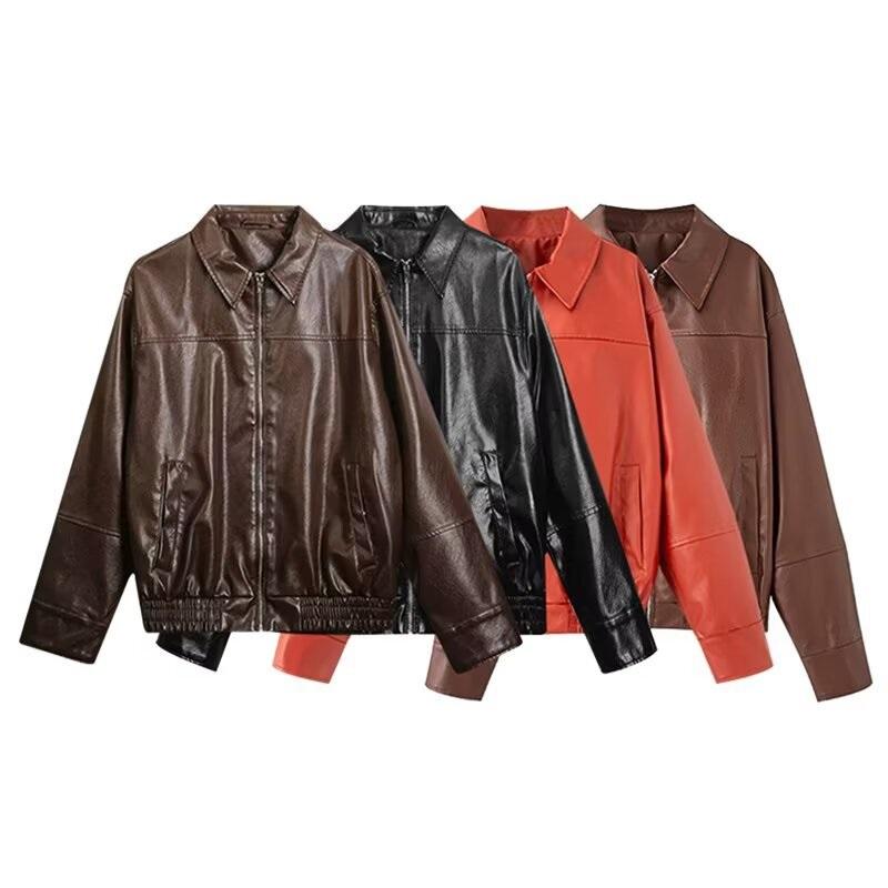 Women Faux Leather Bomber Jacket Lapel Collar Zip Up Long Sleeve Loose Cropped Casual PU Biker Coat Autumn Winter
